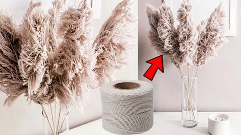 Dollar Tree DIY: String Pampas Grass | DIY Joy Projects and Crafts Ideas Western Dollar Tree Diy, Long Glass Vase, Pampas Grass Diy, Diy Feather Decor, Diy Joy, Pampas Grass Decor, Dollar Store Hacks, Astuces Diy, Diy Dollar Tree Decor