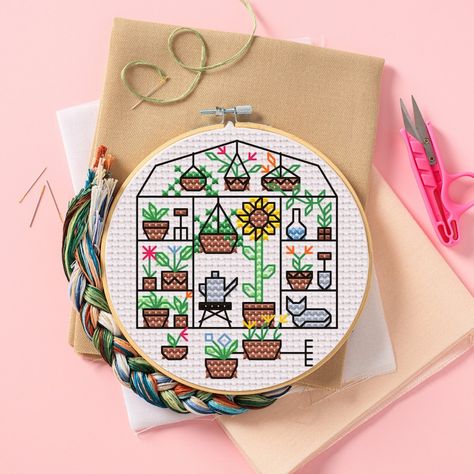 Greenhouse cross stitch pattern, gardening plants botanical cross stitch digital pdf  This pattern is for a 3" hoop and 14 count Aida fabric Botanical Cross Stitch, Aida Fabric, Gardening Plants, Types Of Stitches, Embroidery Inspiration, Cross Stitch Chart, Digital Pattern, Cross Stitch Pattern, Stitch Pattern