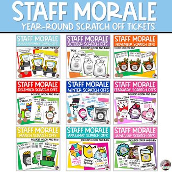 If you love gifting your staff with things to boost staff morale, this bundle of Scratch Off tickets is going to be the perfect addition to your bag of tricks. This bundle includes scratch off tickets to get you through the entire calendar year. Your staff will love receiving these tickets as a priz... December Morale Booster For Teachers, Thanksgiving Staff Morale Booster, School Staff Morale Boosters, Staff Morale Booster Teachers, Staff Appreciation Ideas Morale Boosters, Staff Activities, Boost Staff Morale, Staff Morale Booster, Teacher Appreciation Poster