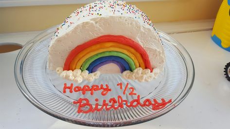 Rainbow half birthday cake. Half Rainbow Cake, Half Cake Birthday 6 Months, Cake Half Birthday, Half Birthday Cake, Half Cake, Half Birthday Party, Avocado Cake, Half Birthday Cakes, 12th Birthday Cake