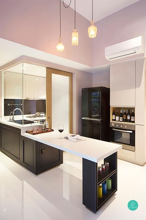 Check out that nifty wine holder leg :) Location: Punggol Wet Kitchen, Dry Kitchen, Built In Pantry, Kitchen Glass, Large Kitchen Island, Kitchen Design Trends, Creative Home Decor, Kitchen Tops, Creative Home