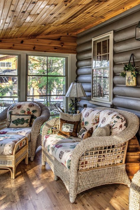 Cabin Porches, Tennessee Mountains, Screened Porch Designs, Log Home Living, Warm Fireplace, Log Cabin Ideas, Pergo Flooring, Rustic Log Cabin, Rustic Porch