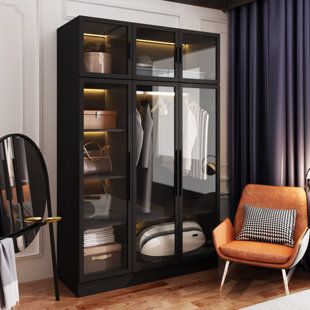 Clothes Storage Bedroom, Doorless Wardrobe, Bedroom Minibar, Armoire In Bedroom, Clothing Armoire, Wood Glass Door, Dress Storage, Armoire Wardrobe Closet, Black Closet