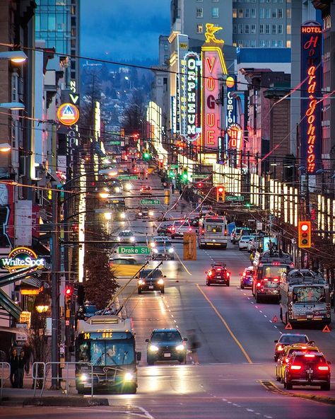 Electric Avenue 💡 . The epicenter of Vancouver's nightlife. Granville Entertainment District is packed with pubs, clubs, live music,… Vancouver Nightlife, Vancouver Photos, Granville Street, Vancouver Travel, Vancouver Bc Canada, City Painting, Entertainment District, Vancouver British Columbia, North Vancouver