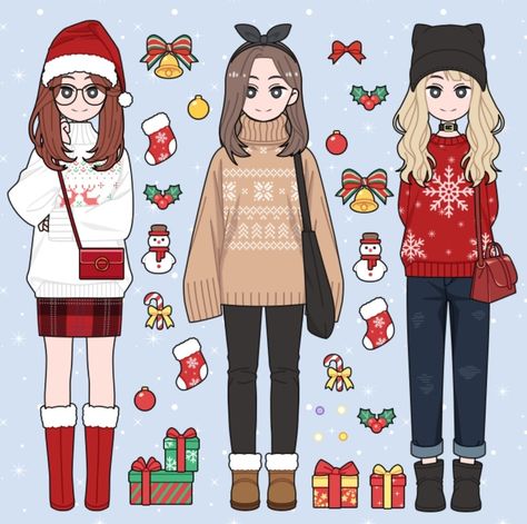 Lily Diary Cozy Winter New Year Christmas Outfits Chibi Christmas Clothes, Christmas Outfit Ideas Drawing, Christmas Clothes Drawing, Christmas Outfits Drawing, Christmas Outfit Drawings, Christmas Sweater Drawing, Winter Outfits Drawing, Batman Book, Drawing Outfits