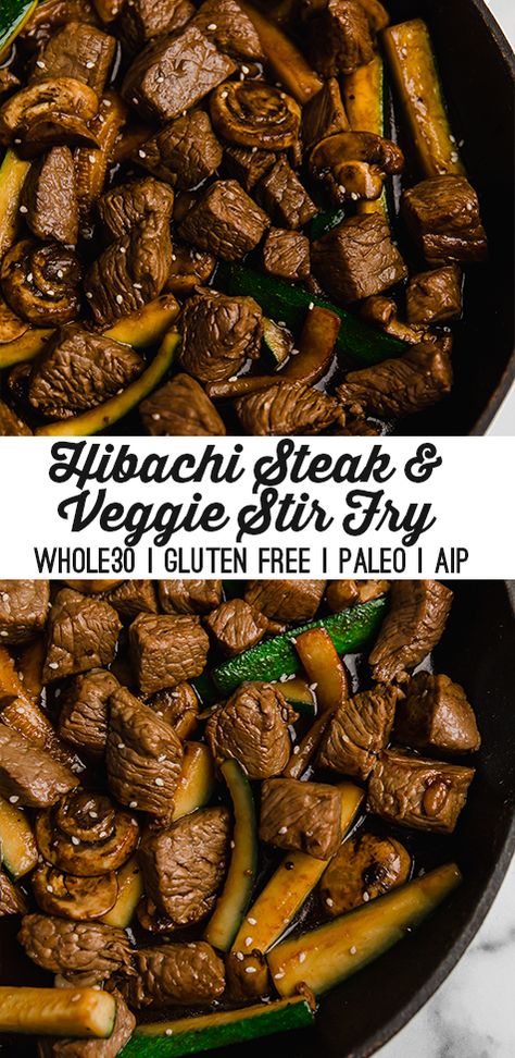 Steak Bites With Sweet Potatoes, Zucchini And Mushrooms, Hibachi Steak, Asian Steak, Hibachi Recipes, Healthy Steak, Whole30 Keto, Steak And Mushrooms, Aip Recipes