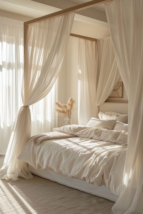 King Bed Canopy, Canopy Bed With Curtains, Cool Attic Rooms, Bed With Curtains, White Canopy Bed, Ocean Bathroom Decor, Modern Canopy Bed, Bed Drapes, Canopy Bed Curtains