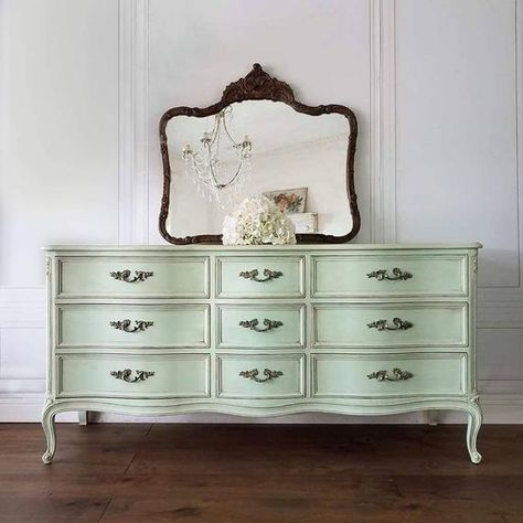 Pink Bedside Tables, Mint Bedroom, King Size Bed Headboard, Romantic Farmhouse, French Dresser, Provincial Dresser, Vintage Headboards, French Provincial Dresser, French Provincial Furniture