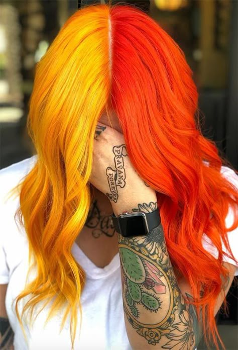 Yellow Hair Dye, Yellow Hair Color, Split Dyed Hair, Vivid Hair Color, Dyed Hair Inspiration, Split Hair, Hair Color Shades, Yellow Hair, Sunshine Yellow