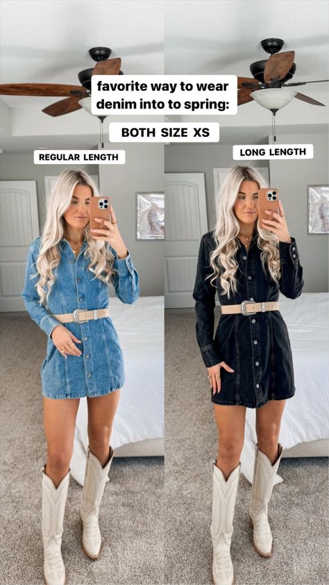 Denim Shirt Dress curated on LTK Western Jean Dress Outfit, Denim Dress Outfit Cowboy Boots, Denim Dress With Boots Country Outfits, Denim Dress Country Outfit, Denim Dress Cowboy Boots, Denim Dress With Cowboy Boots, Short Denim Dress Outfit, Denim Dress Country Concert, Cold Country Concert Outfit Winter