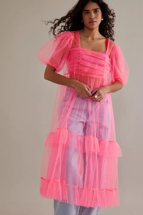 Tuelle Dresses, Tulle Midi Dress, Party Outfits, Pink Midi Dress, Sweet Dress, Tulle Dress, 90s Fashion, Puff Sleeves, Square Neck