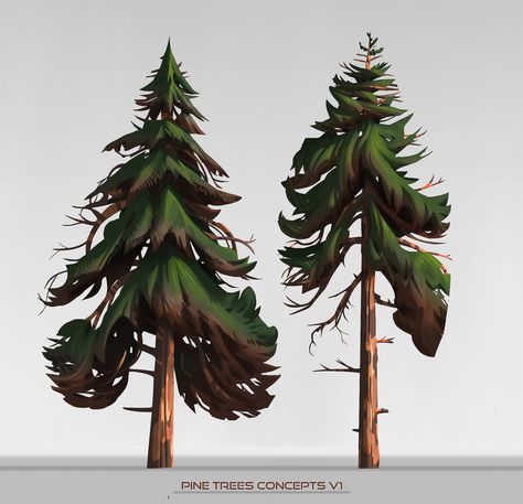 Pine trees concepts, Ulysse Verhasselt on ArtStation at https://www.artstation.com/artwork/z4KgL Pine Tree Cartoon, Nature Concept Art, Pine Tree Illustration, Pine Tree Drawing, Tree Cartoon, Pine Tree Painting, Pine Tree Art, Tree Background, Background Nature