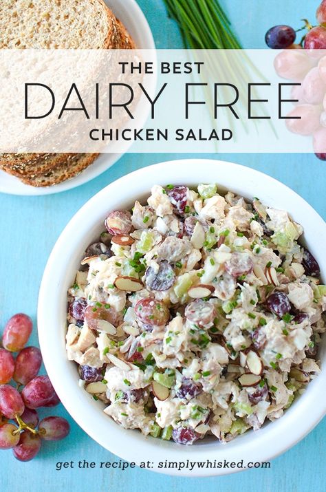 Dairy Free Chicken Salad | Dairy free lunch, dairy free salad | @simplywhisked Dairy Free Chicken Salad, Dairy Free Salad, Salad Dairy Free, High Protein Chicken Salad, Chicken Recipes Dairy Free, Almond Chicken Salad, Dairy Free Lunch, Salad With Grapes, Dairy Free Salads