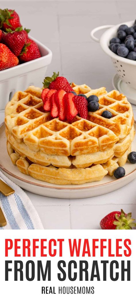 Perfect Waffles from Scratch are simple to make at home using pantry staples! These homemade waffles are a delicious way to start the day! #Realhousemoms #waffles #pantrystaple #breakfast #kidapproved #easyprep #mothersdaybreakfast #fruittoppings #syrup Waffle Mix Recipes, Belgian Waffle Mix, Sweet Waffles, Pollo Tropical, Morning Treats, Mousse Au Chocolat Torte, Hot Fudge Cake, Layered Dessert, Recipe Strawberry