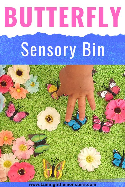 Butterfly Sensory Activity for Kids. A fun spring themed sensory bin for toddlers and preschoolers. #spring #sensory #toddler #preschool Spring Themed Crafts For Toddlers, Spring Sensory Bin For Toddlers, Insect Sensory Activities, Butterfly Themed Activities For Preschool, Butterfly Centers Preschool, Butterfly Science Activities Preschool, Bug Themed Activities For Toddlers, Spring Themed Toddler Activities, Butterflies Activities For Toddlers