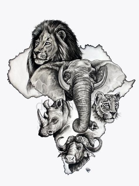 South African Tattoo Ideas, The Big Five South Africa, South Africa Drawing, Big 5 Animals, Africa Drawing, South Africa Art, Africa Tattoos, Africa Art Design, African Tattoo