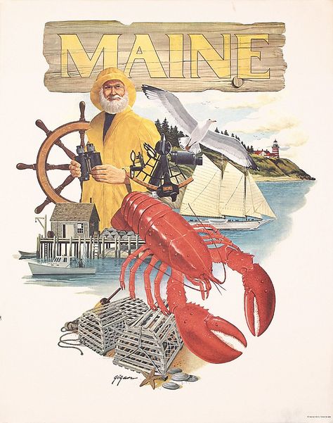 Maine - 1960 - (Gogan) - Maine Poster, Bethel Maine, Maine Aesthetic, Maine Postcard, Lobster Party, Fisherman Aesthetic, Save The Date Stamp, Nautical Artwork, Maine Art