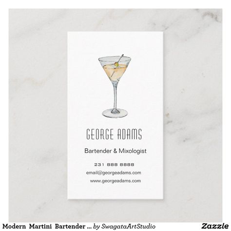 Modern Martini Bartender Business Card Martini Watercolor, Mixologist Bar, Mobile Bartending, Simple Watercolor, Restaurant Owner, Elegant Watercolor, Elegant Business Cards, Mobile Bar, Easy Watercolor