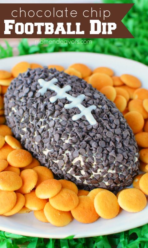 Chocolate Chip Football Cheese Ball Football Shaped Food, Football Themed Desserts, Football Shaped Foods, Football Sugar Cookies, Cream Cheese Balls Recipe, Football Desserts, We Are Bears, Superbowl Desserts, Cream Cheese Ball