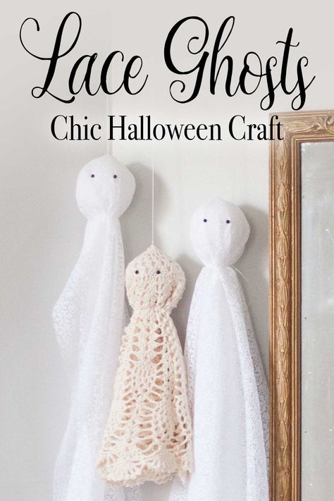 These chic lace ghosts are an easy and elegant Halloween craft perfect for farmhouse, boho, or vintage-eclectic home decor. Lace Garland, Ghost Pins, Spooky Chic, Halloween Ghost Decorations, Boho Halloween, White Lace Fabric, Elegant Halloween, Chic Halloween, Halloween Crafts Decorations