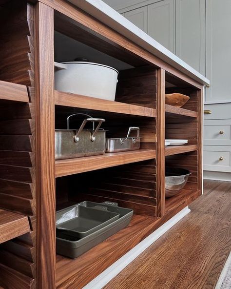 / SWELL HOUSE / on Instagram: "In the beginning stages of designing this kitchen, my client had saved a magazine clipping of Martha Stewart's kitchen. Martha has these painted notched shelves used to store pots, pans, and large kitchen items. We used this idea of an integrated notched shelf unit, but designed it in walnut and inset the piece into the island casework. This piece took my breath away at first sight and the open shelving makes the space totally functional. A shout out to @allkitch Kitchen Cubbies, Kitchen Cabinets Open, Martha Stewart Kitchen, Mcm Kitchen, Wood Island, Open Kitchen Shelves, Wood Kitchen Cabinets, Cabinet Ideas, Pots Pans