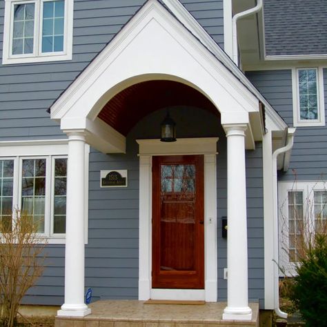 Cape Cod Covered Front Porch, Cape Cod Entryway, Front Door Portico, Door Portico, Cape Cod Style Home, Window Remodel, Best Front Doors, Front Stoop, Cape Cod Style House