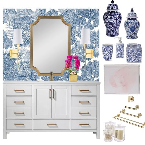 Chinoiserie Bathroom Inspiration Chinoiserie Bathroom, Bathroom Inspiration Board, Grandmillennial Style, Guest Room Design, Decorating Bathroom, Bad Inspiration, Interior Decorator, Chinoiserie Chic, Fall Dinner