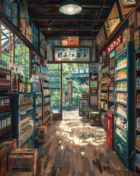 Convenience Store Drawing, Backgrounds For Art, Coloring Aesthetic, Aesthetic Store, Place Aesthetic, Art Collab, Aesthetic Architecture, Dreamy Artwork, Store Interiors