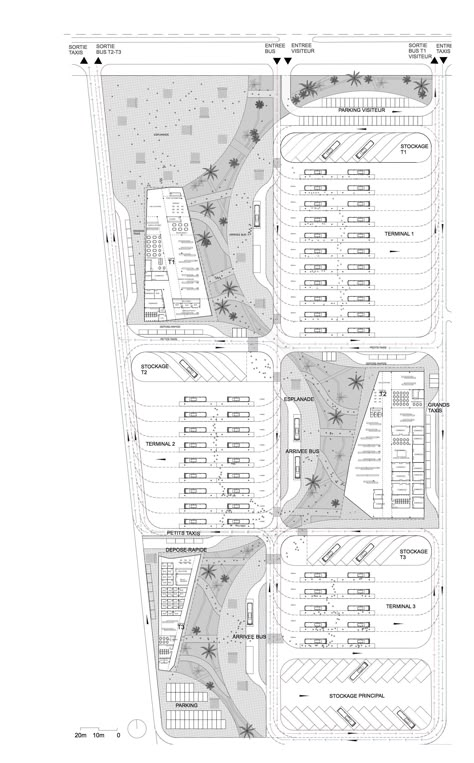 Narrowminded + BOM Propose New Central Bus Station for Marrakech,Courtesy of Narrowminded + BOM Architects Bus Parking Design Plan, Public Transport Architecture, Parking Plan, Parking Lot Architecture, Terminal Bus, Transport Hub, Bus Stand, Bus Terminal, House Construction Plan