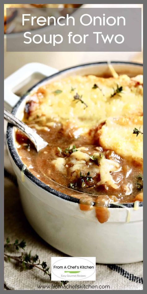 Need something special for date night? French Onion Soup for Two is perfect!⁠ Caramelizing onions is definitely a labor of love. However, the result is well worth it! Onions are caramelized with herbs to a rich golden brown then simmered in a rich red wine-infused broth and topped with crusty, cheesy bread!⁠ Onion Soup For Two, French Onion Soup For Two, Easy French Onion Soup Recipe, Soup For Two, French Onion Soup Recipe, Onion Soup Recipes, Cheesy Bread, Soup And Stew, French Cooking