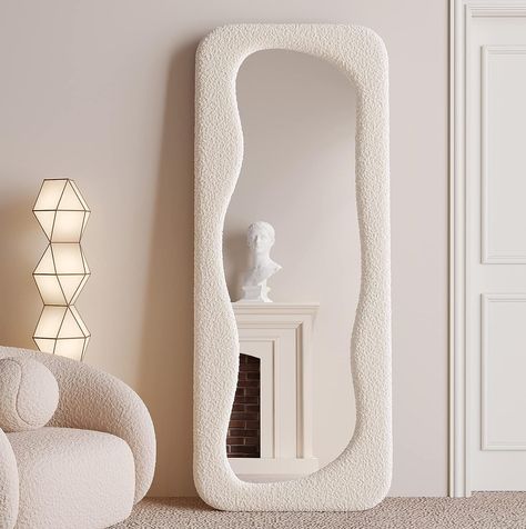 BOJOY Full Length Mirror 63"x24", Irregular Wavy Mirror, Wave Arched Floor Mirror, Wall Mirror Standing Hanging or Leaning Against Wall for Bedroom, Flannel Wrapped Wooden Frame Mirror-White Wall For Bedroom, Leaning Against Wall, Arched Floor Mirror, Mirror Standing, Wavy Mirror, Wooden Mirror Frame, Living Room Size, Modern Wall Mirror, Style Deco