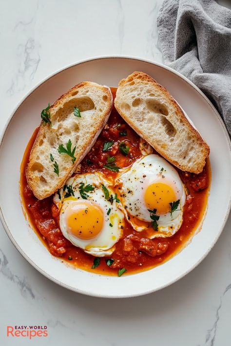 Discover the fiery flavors of Eggs in Purgatory (Uova al Purgatorio), a traditional Italian dish of poached eggs simmered in a spicy tomato sauce. Originating from Naples, this dish captures the essence of cucina povera – simple, affordable ingredients transformed into a rich, flavorful meal. Egg In Tomato Sauce, Eggs Pomodoro, Spicy Breakfast Ideas, Traditional Italian Food Recipes, Traditional Italian Breakfast, Egg With Tomato, Breakfast Sauce Recipe, Eggs In Purgatory Recipe, Peppers And Eggs