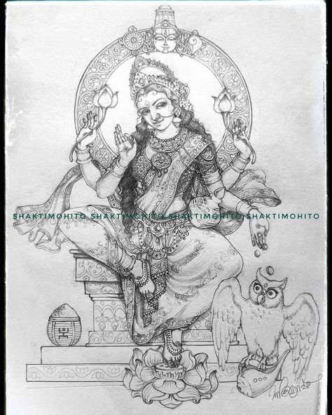 Laxmi Sketch, Goddess Lakshmi Drawing, Lakshmi Drawing, Laxmi Drawing, Indian Traditional Paintings, Buddhist Art Drawing, Ancient Drawings, Pen Art Work, Durga Painting