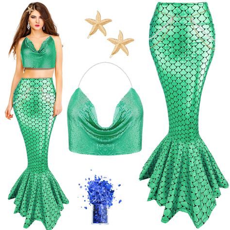 PRICES MAY VARY. Spicy up Your Party: the package contains 5 pieces of mermaid costume accessories for women, including 1 metallic halter top, 1 mermaid tail skirt, 2 starfish headpieces, 1 blue face glitter decoration, to meet your party needs and make you stand out from the crowd Show Your Body: The sequined top has a metal chain at the back that can be adjusted to fit your figure; Mermaid tail skirt is available in 4 sizes, M size is 68 cm of waist, 92 cm of hip, 106 cm of skirt length; Waist Blue Face Glitter, Mermaid Costume For Women, Mermaid Costume Accessories, Starfish Headpiece, Adult Mermaid Costume, Mermaid Tail Skirt, Mermaid Tail Costume, Starfish Hair Clip, Mermaid Top