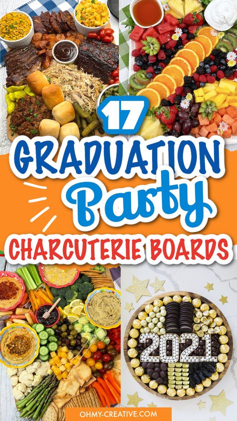 Get ready to celebrate your high school graduation with these awesome DIY charcuterie boards! Check out these graduation charcuterie board ideas to celebrate your big day in style! Including an assortment of grad party dessert charcuterie to savory meats and cheeses, these boards are perfect for a festive and delicious celebration. Great for hosting a small or large grad party, these creative DIY graduation boards are sure to impress your guests. Graduation Charcuterie Board Ideas, Graduation Charcuterie Board, Graduation Charcuterie, Backyard Graduation Party Ideas, Graduation Snacks, Graduation Party Desserts, Dessert Charcuterie, Graduation Boards, Graduation Food