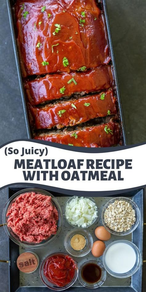 This meatloaf with oatmeal is sure to become a family-favorite. Made with onions, ground beef, and simple spices, it’s hearty, wholesome, and so comforting. Meatloaf Oatmeal, Meatloaf With Oats, Recipe With Oatmeal, Meatloaf Oatmeal Recipe, Juicy Meatloaf, Meatloaf With Oatmeal, Ground Beef Meatloaf, Meatloaf Recipes Healthy, Healthy Meatloaf