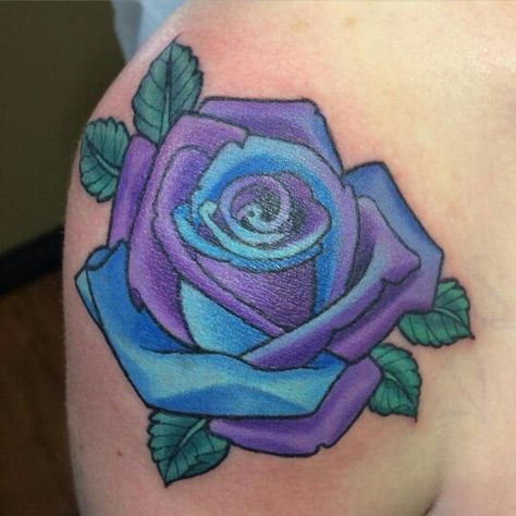 Rose - Blue/Purple Tye Dye Rose Tattoo, Blue And Purple Rose Tattoo, Purple And Teal Tattoo, Blue And Purple Flower Tattoo, Colorful Rose Tattoos For Women, Blue Roses Tattoo, Rose Tats, Purple Rose Tattoo, Colorful Rose Tattoos