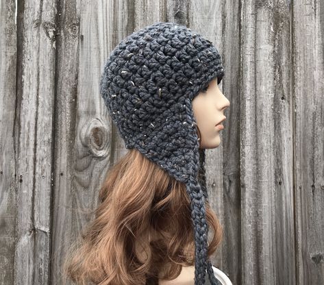 Chunky Crochet Hat, Womens Hat, Mens Hat, Winter Hat, Bomber Hat, Aviator Hat, Ear Flap Hat, Wanderlust Earflap Hat, Graphite Grey Chunky Crochet Hat, Crochet Bonnet, Visual Reference, Flap Hat, Earflap Hat, Ear Flap Hats, Aviator Hat, Pixie Hat, Mens Hat