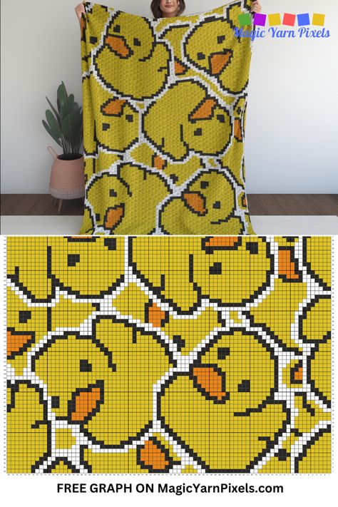 I have a crochet graph with a rubber duck design. Use it to create blankets perfect for gifts during baby showers. Download the free crochet graph from MagicYarnPixels. Written C2C and row-by-row patterns with multipage graphs are also available. From double bed throws, to baby blankets, wall hangings, rugs, and pillowcases, you can make them all with this graph. Graphgram Crochet, Graph Blanket Crochet, Crochet Graphgan Patterns Free Easy, Crochet Pattern Rug, Free Graph Patterns, Crochet Blanket Tapestry, C2c Crochet Graphgan, C2c Free Crochet Patterns, Crochet Words On Blanket