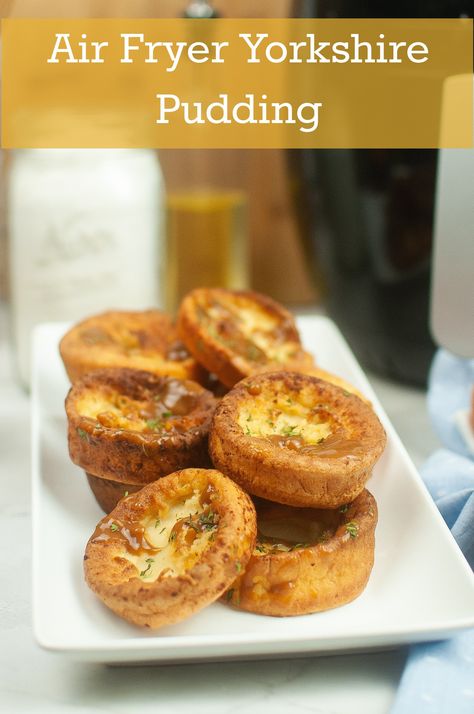 Air Fryer Yorkshire Pudding is a wonderful British puffy bread made from just egg, flour, milk, and salt. It is super easy to make and is a versatile and tasty treat that works with many different meals and occasions. It is slightly different from popovers yet uses the same batter. Yorkshire pudding is also popular as a side dish for traditional British Christmas dinner. #InstantPotCooking #AirFryer #YorkshirePudding British Christmas Dinner, Butter Biscuits Recipe, Just Egg, Mini Cake Recipe, British Christmas, Homemade Ice Cream Recipes, Yorkshire Pudding, Unique Desserts, Air Fryer Dinner Recipes