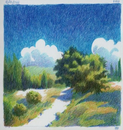 Illustration Art Colored Pencil, Sunny Day Lighting Reference, Color Pencil Watercolor, Acrylic Paint And Colored Pencil, Landscape Sketch Color Pencil, Painting With Colour Pencil, Acrylic And Colored Pencil, Colour Pencil Drawing Reference, Colored Pencil Reference