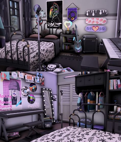 Sim4 Bedroom Ideas, Sims Bedroom Base Game, Sims 4 Cute Bedroom, Sims 4 Goth Bedroom, Sims 4 Game Room, Sims 4 Gamer Room, Sims 4 Gaming Room, Teen Bedroom Sims 4, Sims 4 Basement