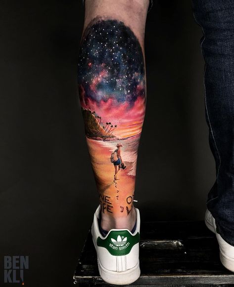 Trendy Tattoo Ideas, Calf Tattoo Men, Tattoos 2023, Beach Tattoos, Kitten Tattoo, Sky Tattoos, Colored Tattoo Design, Galaxy Tattoo, Landscape Tattoo