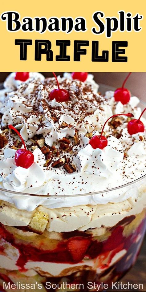 Banana Split Trifle, Banana Split Dessert Recipes, Trifle Bowl Recipes, Trifle Dessert Recipes, Banana Split Cake, Bbq Desserts, Banana Split Dessert, Trifle Dish, Trifle Desserts