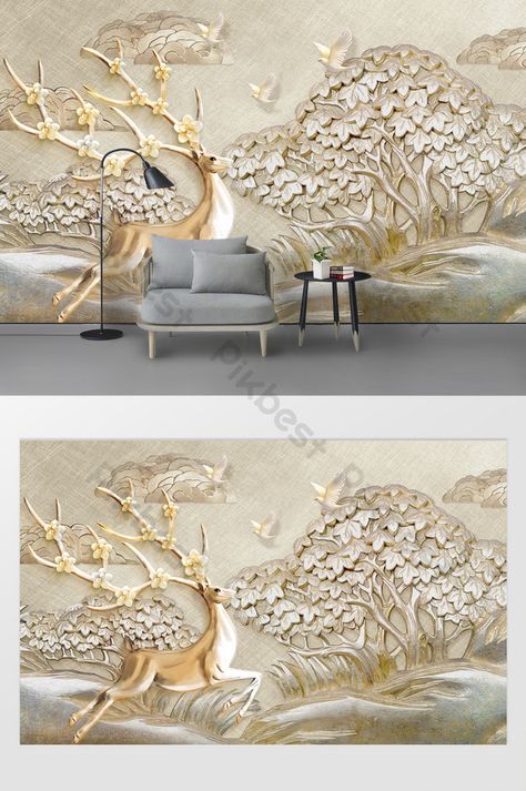 Modern 3d three-dimensional relief tree bird golden deer TV background wall#pikbest# 3d Wallpaper Designs For Walls, 3d Wallpaper Design, Golden Deer, Butterfly Stencil, 3d Wallpaper For Walls, Nice Ideas, Tv Background, Wall Decor Design, Home Design Living Room