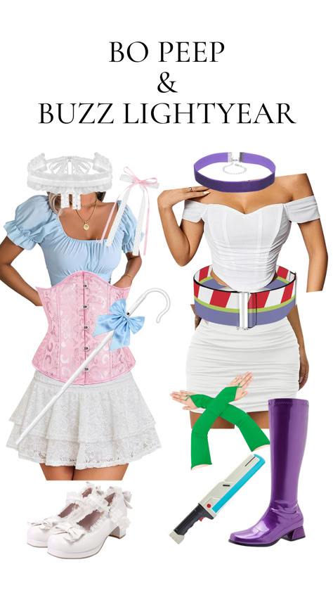 A Bo Peep and Buzz Lightyear-inspired duo costume featuring a lace skirt, pink corset, bonnet, shepherd's crook, white heels for Bo Peep, and an off-shoulder white dress, purple boots, and laser blaster for Buzz Lightyear. Perfect Halloween costume for best friends. Little Bo Peep Costume Couple, Sporky Toy Story Costume, Halloween Toy Story Costumes, Little Bo Peep Costume Women College, Buzz Toy Story Costume, Woody And Bo Peep Halloween, Female Buzz Lightyear Costume, Little Bo Peep Toy Story, Bo Peep Diy Costume