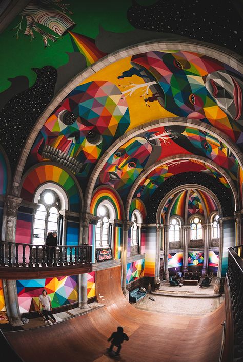 okuda san miguel has completed a mural within an indoor skate park hidden within a spanish church. Abandoned Church, Colorful Murals, Colossal Art, Sistine Chapel, Murals Street Art, Kitesurfing, Old Church, Skate Park, Street Art Graffiti