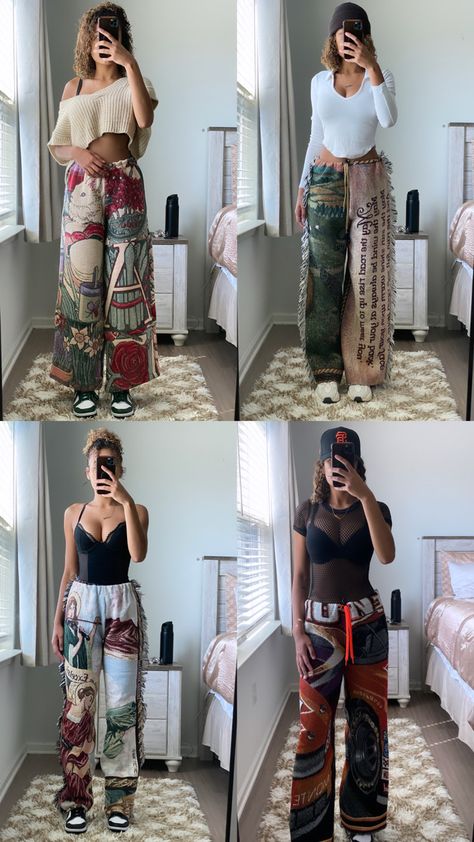 Pants Made Out Of Blanket, Woven Blanket Pants, Diy Blanket Pants, Tapestry Blanket Pants, Tapestry Blanket Upcycle, Blanket Pants Outfit, Tapestry Outfit Ideas, Tapestry Pants Outfit, Hammer Pants Outfit