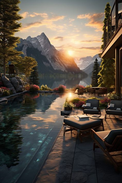 Waterfront Patio with Lush Mountain View Lakes And Mountains, Homes With Views, Mountain Home With Pool, Mountain View House, Mountain Lake House, Mountain View Home, Mountain Dream Homes, Lush Landscape, Mountain Vacation