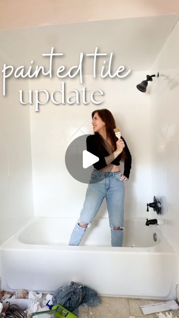 Kelsey Mackall | DIY & Real Life Reno on Instagram: "10 months later the painted shower is still going strong!!! The only thing that has stained was a cheap rose petal bath product and the only chips are from shower glass installation. It held up beautifully with day to day use and I still highly recommend this easy, cheap, DIY transformation. “TILE PAINT” for the 🔗" Rose Petal Bath, Tile Paint, Diy Bathtub, Painting Shower, Shower Glass, Glass Installation, Easy Cheap, Painting Tile, Glass Shower